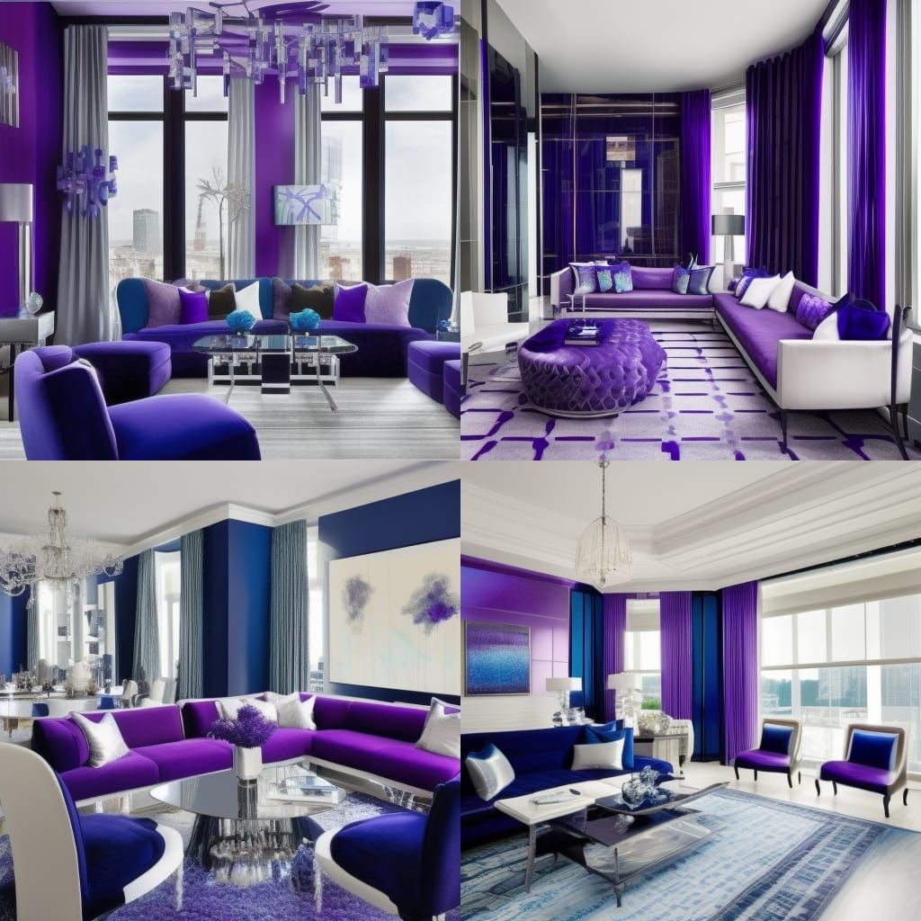 ombre penthouse with ombre walls with purple, Cobalt blue with sliver accents& ombre furniture with purple, cobalt blue&...