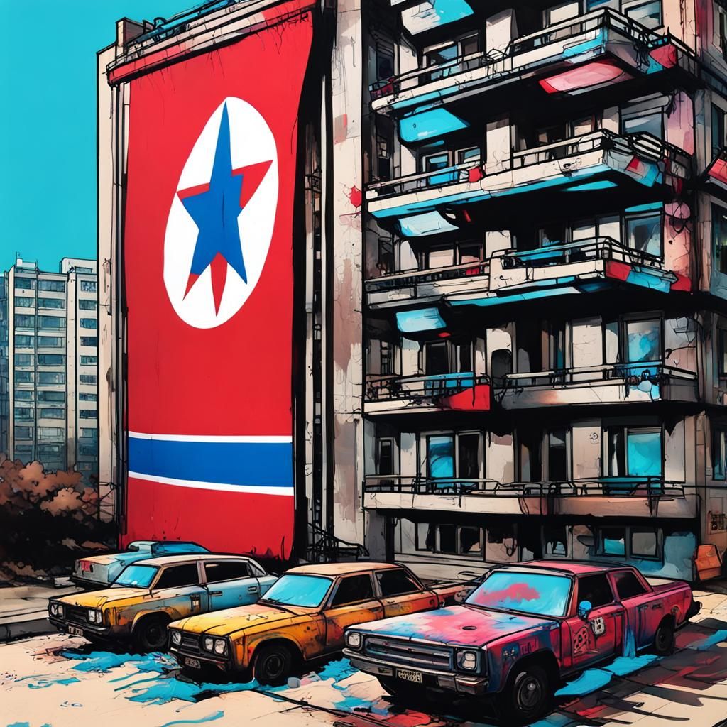 North Korean Flag on Ryugyong Hotel in Cyberpunk Style