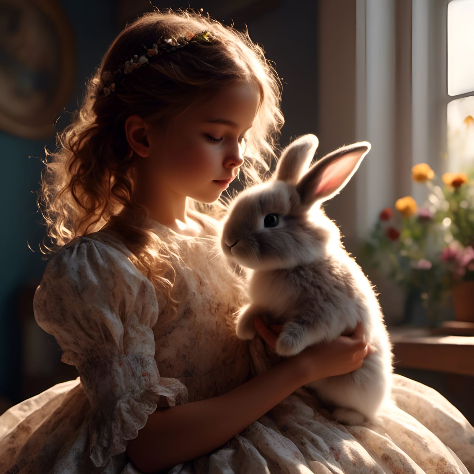 Girl with Bunny Portrait in Detailed Sunny Room