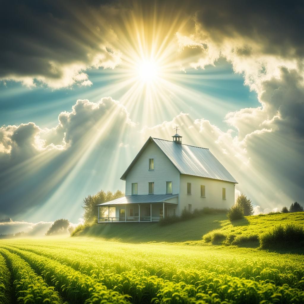 Farmhouse in the Clouds with Heavenly Sunshine