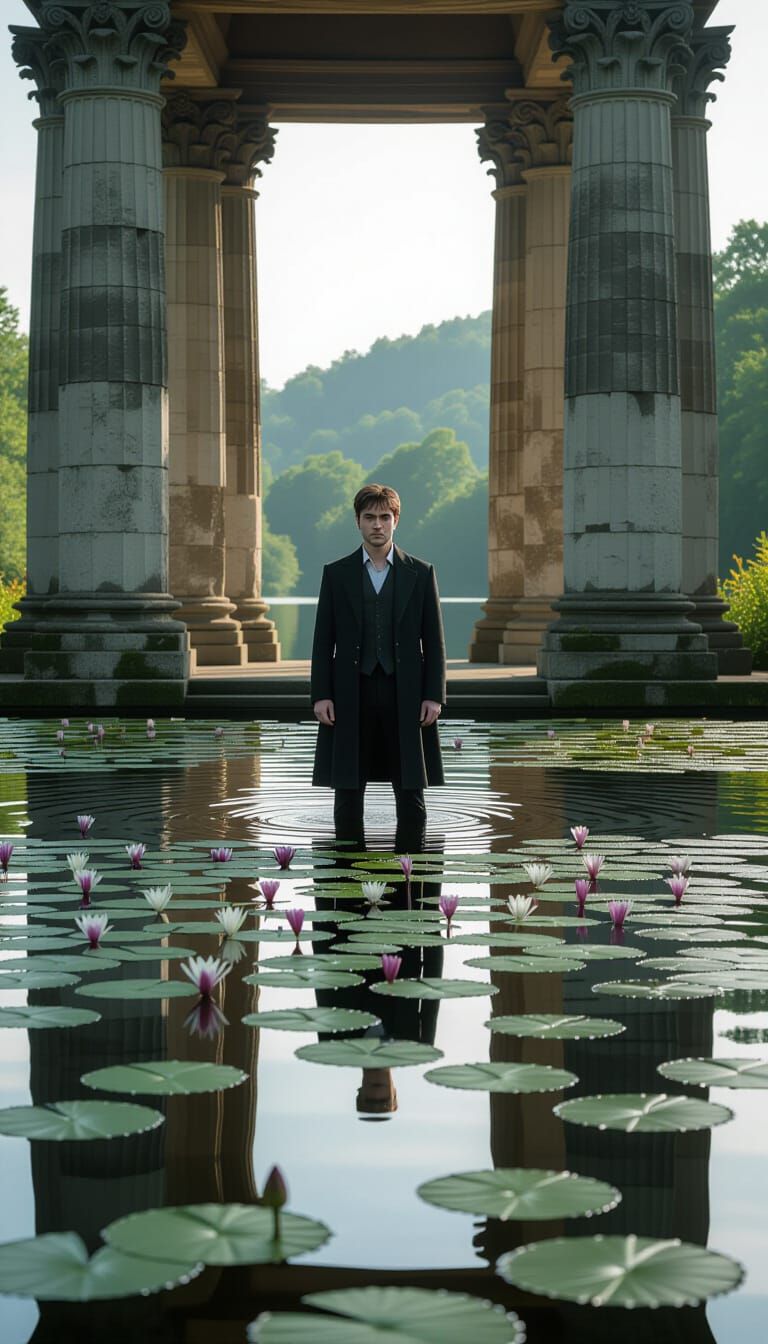 Man Reflected in Lake with Ancient Pillars