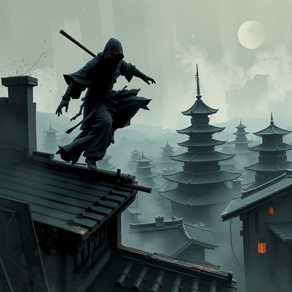Ninja Leaps Across Rooftops in Gritty Manga Style