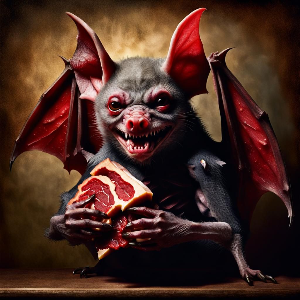 Fuzzy Vampire Bat Hugs Red Meat: Photorealistic Close-Up