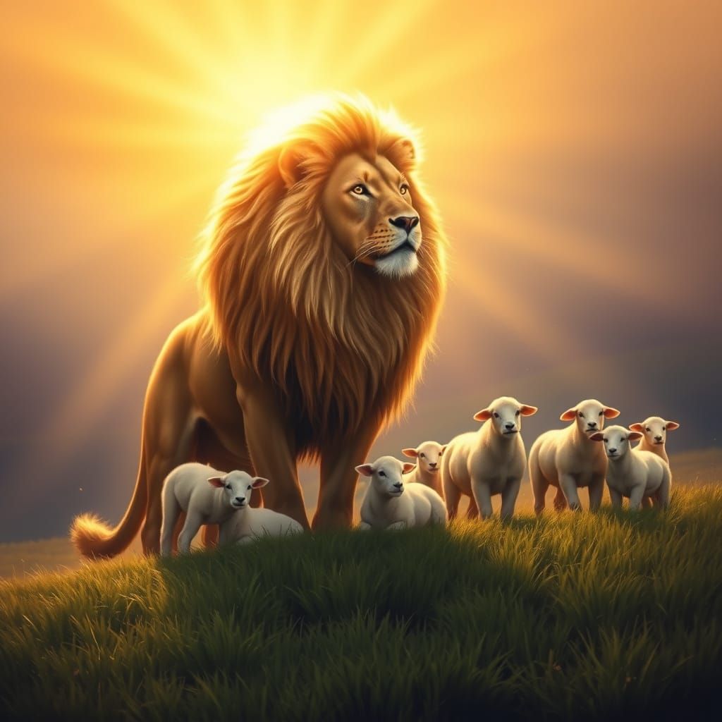 A majestic and powerful Lion of Judah, symbolizing Jesus Christ, standing protectively over a peaceful herd of lamb