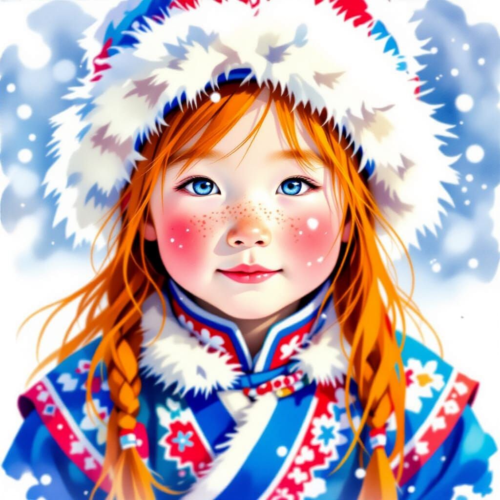 Adorable Mongolian Boy Portrait in Watercolor Style