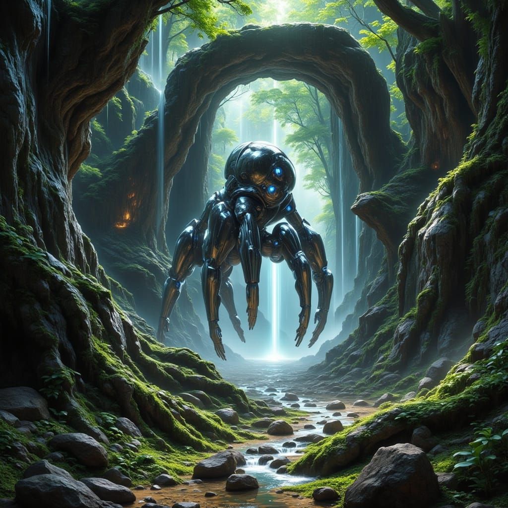 Chrome Golem Emerges from Forest Portal