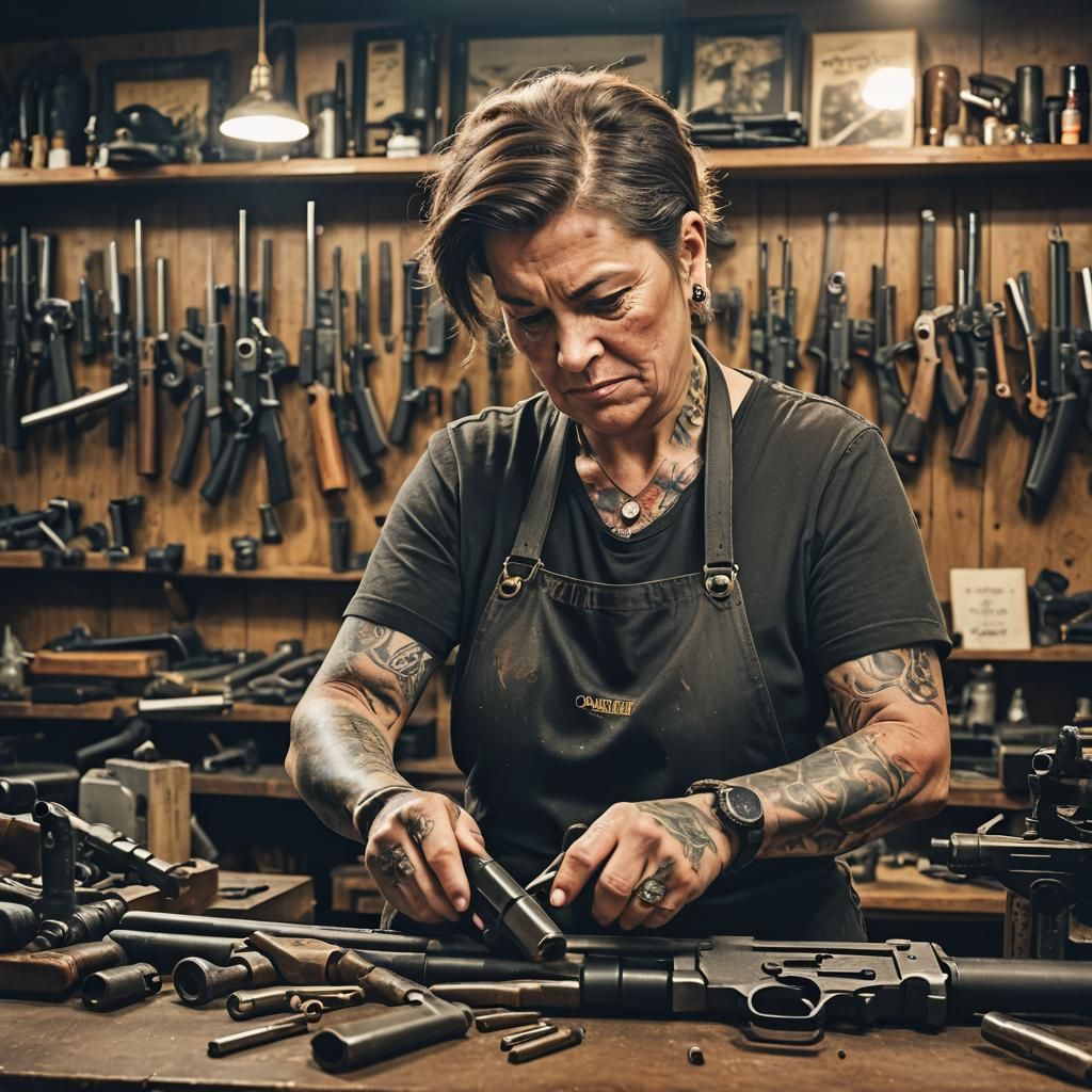 Gritty Portrait of a Tattooed Gunsmith at Work