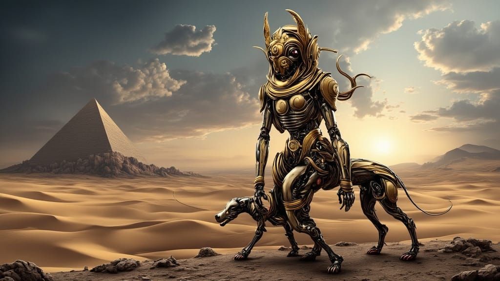 Futuristic Anubis Woman and Robot Dog in Cyberpunk Desert