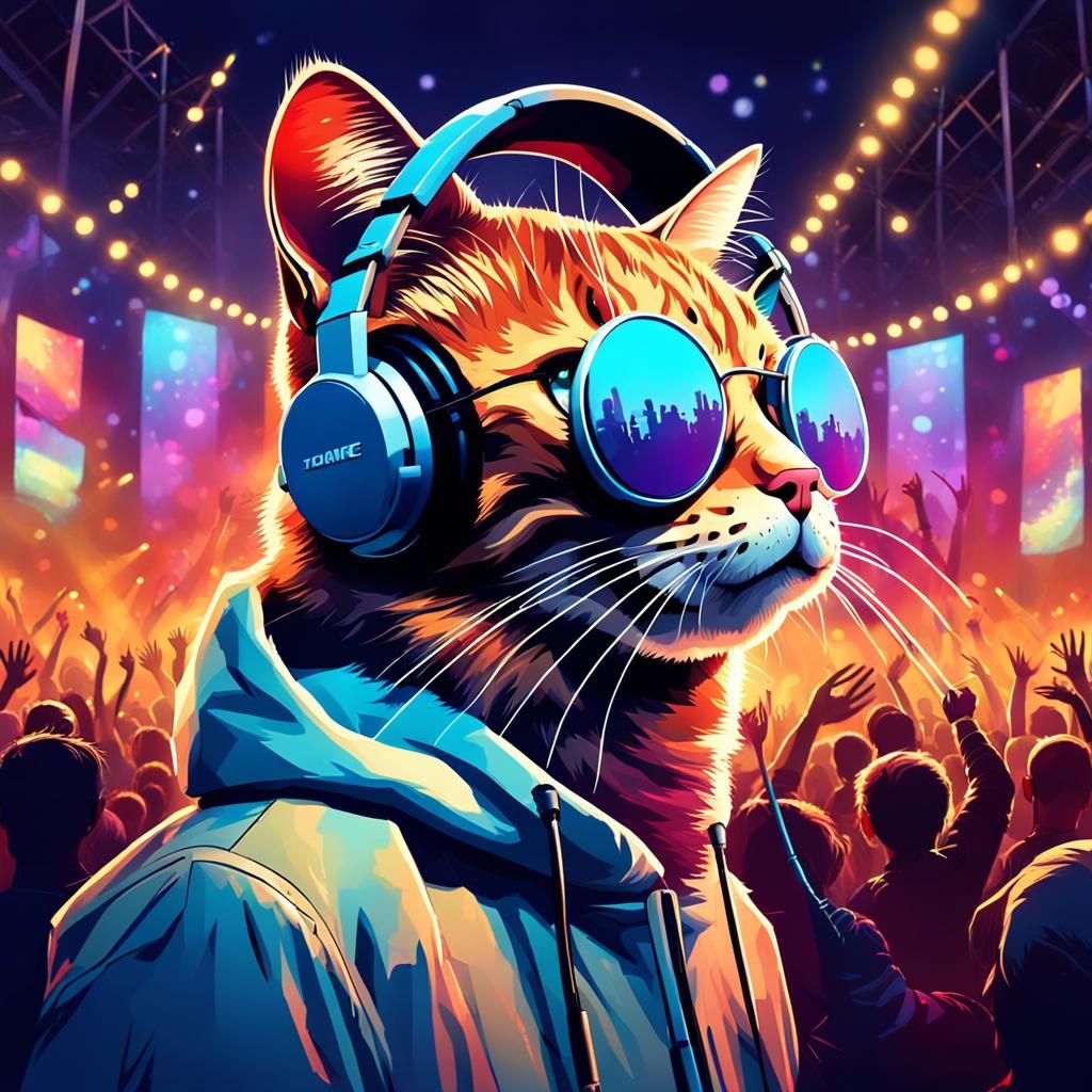 Cat DJ Raving at Concert: Hyperrealistic Splash Art