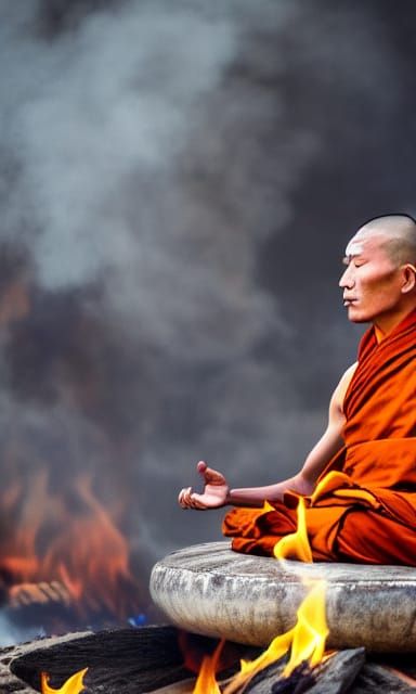 Tibetan Monk Meditating Above Flames