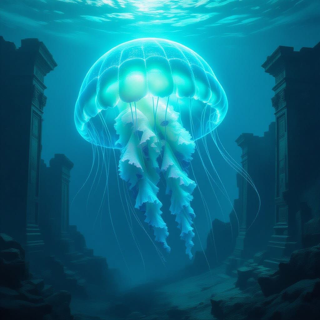 Giant Bioluminescent Jellyfish Illuminates Underwater Ruins