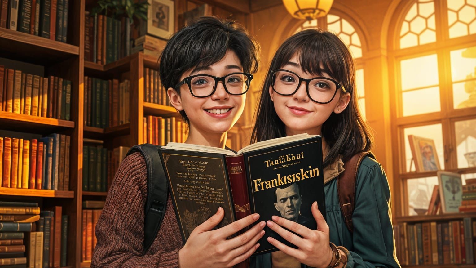 Cozy Bookstore Scene with Frankenstein Book