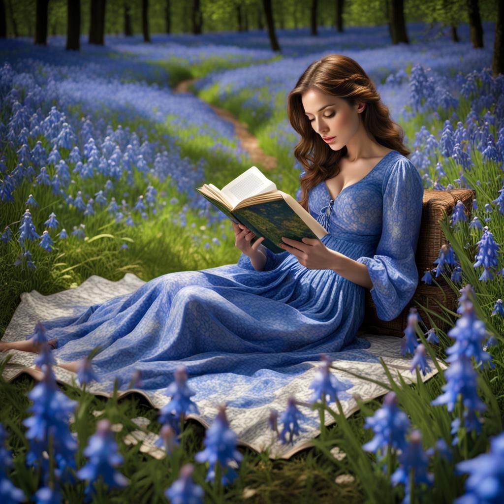 Woman Reading in Bluebell Meadow, Impressionist Style