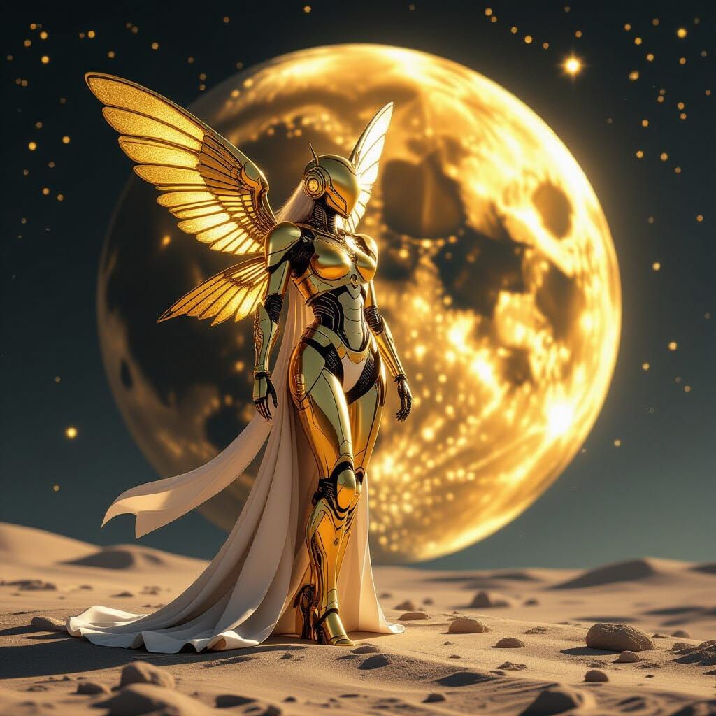 Robot Woman Lands on Moon with Golden Accents