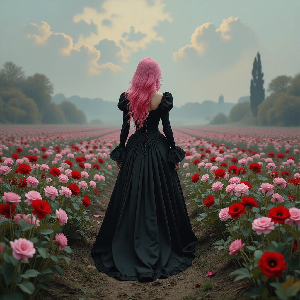Gothic Woman Enters World of Decaying Flowers