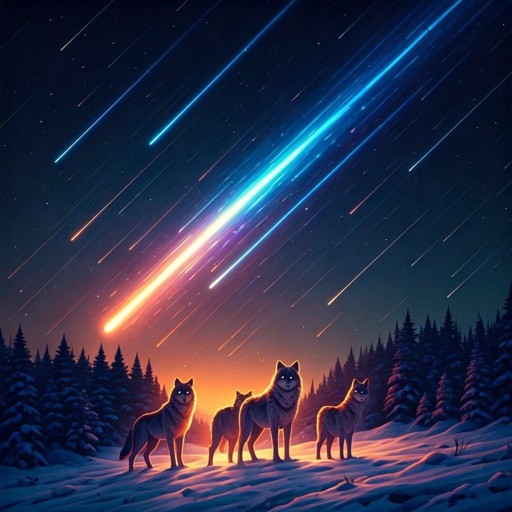 Cosmic Wolves Under Starry Meteor Shower