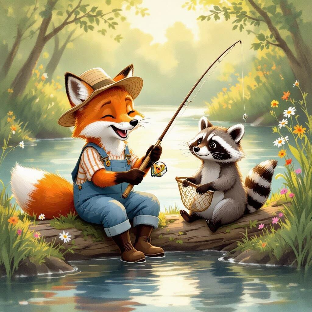 Fox and Raccoon Fishing Joyfully in Storybook Style