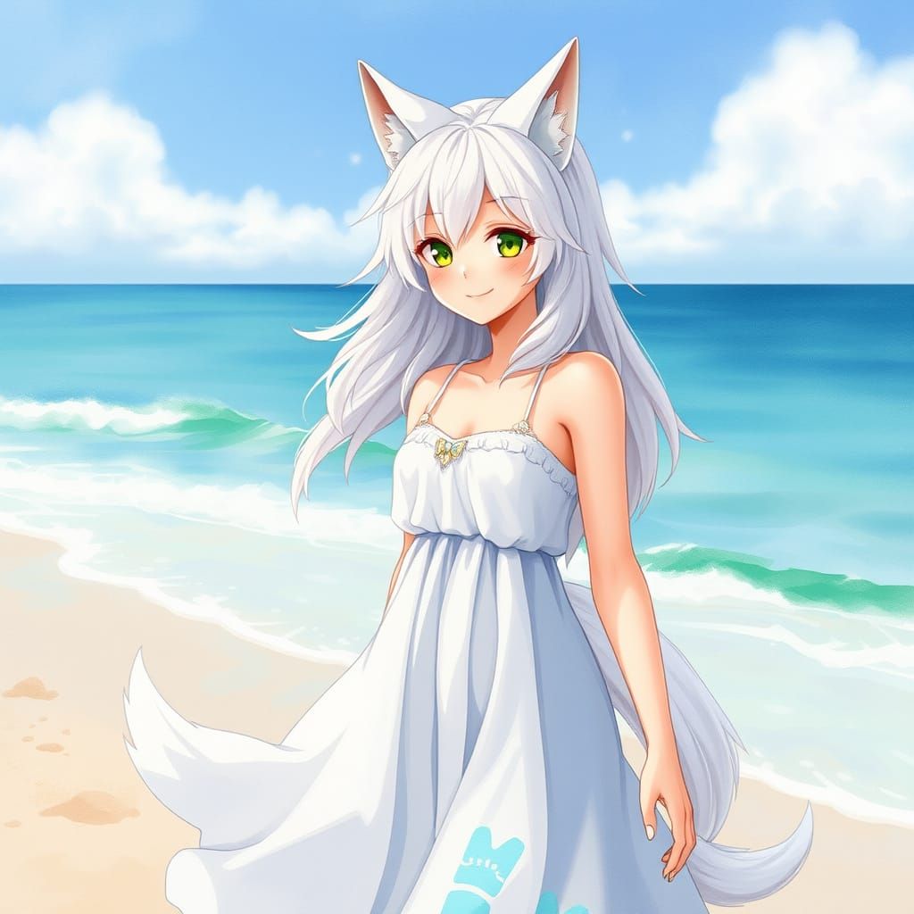 Woman with Wolf Features on Beach, Watercolor Style
