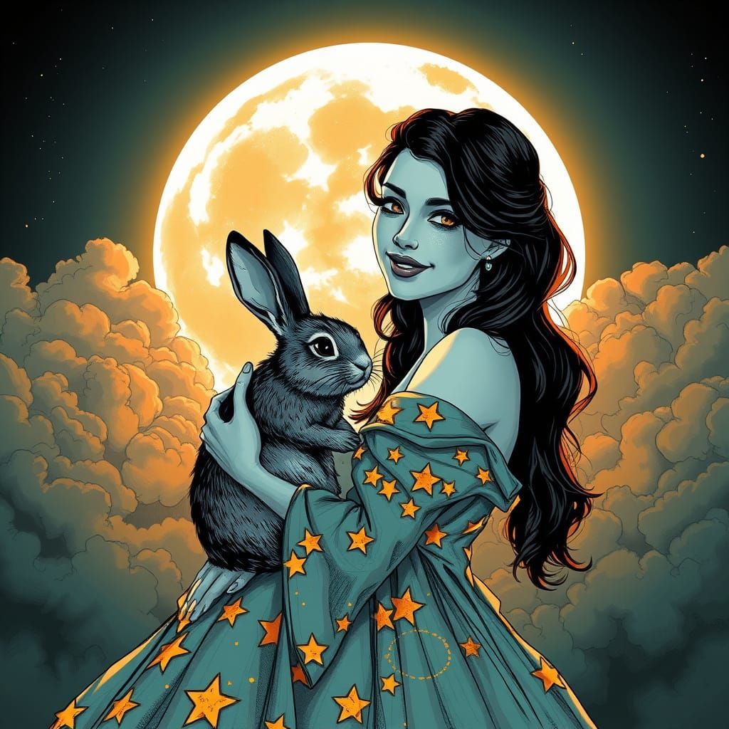 Enchanting Lunar Encounter in Black and White Ink Line Art