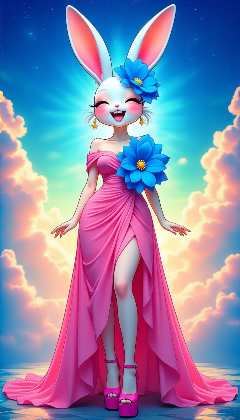 Towering Bunny Goddess Laughing, in Surreal Style