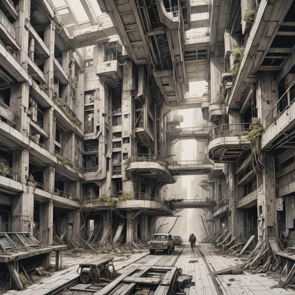 Futuristic Post-Apocalyptic Interior Architectural Drawing