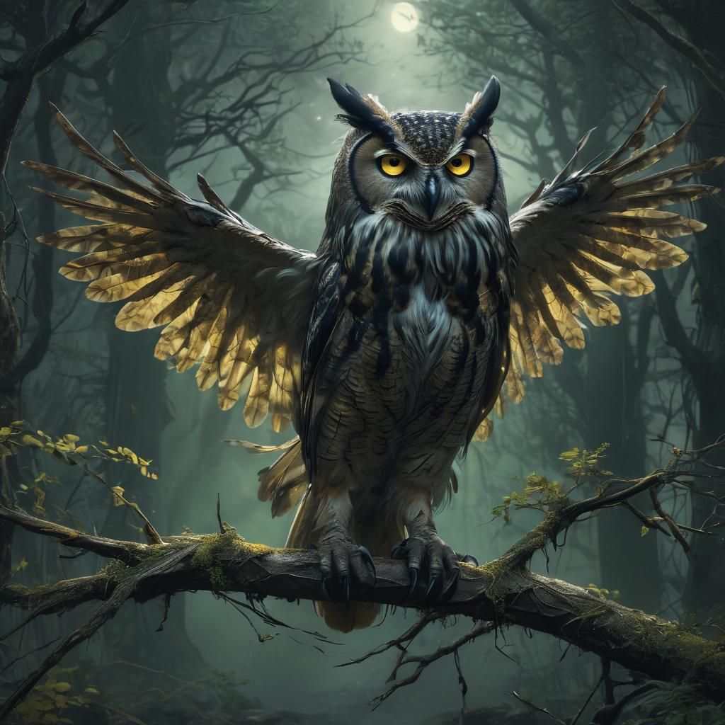 Colossal Owl Perched in Haunted Forest