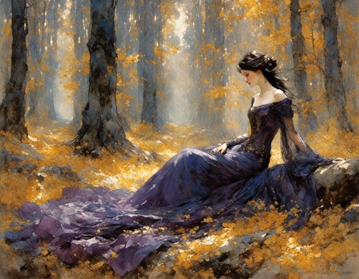 Enchanting Woman in Forest of Golden Leaves