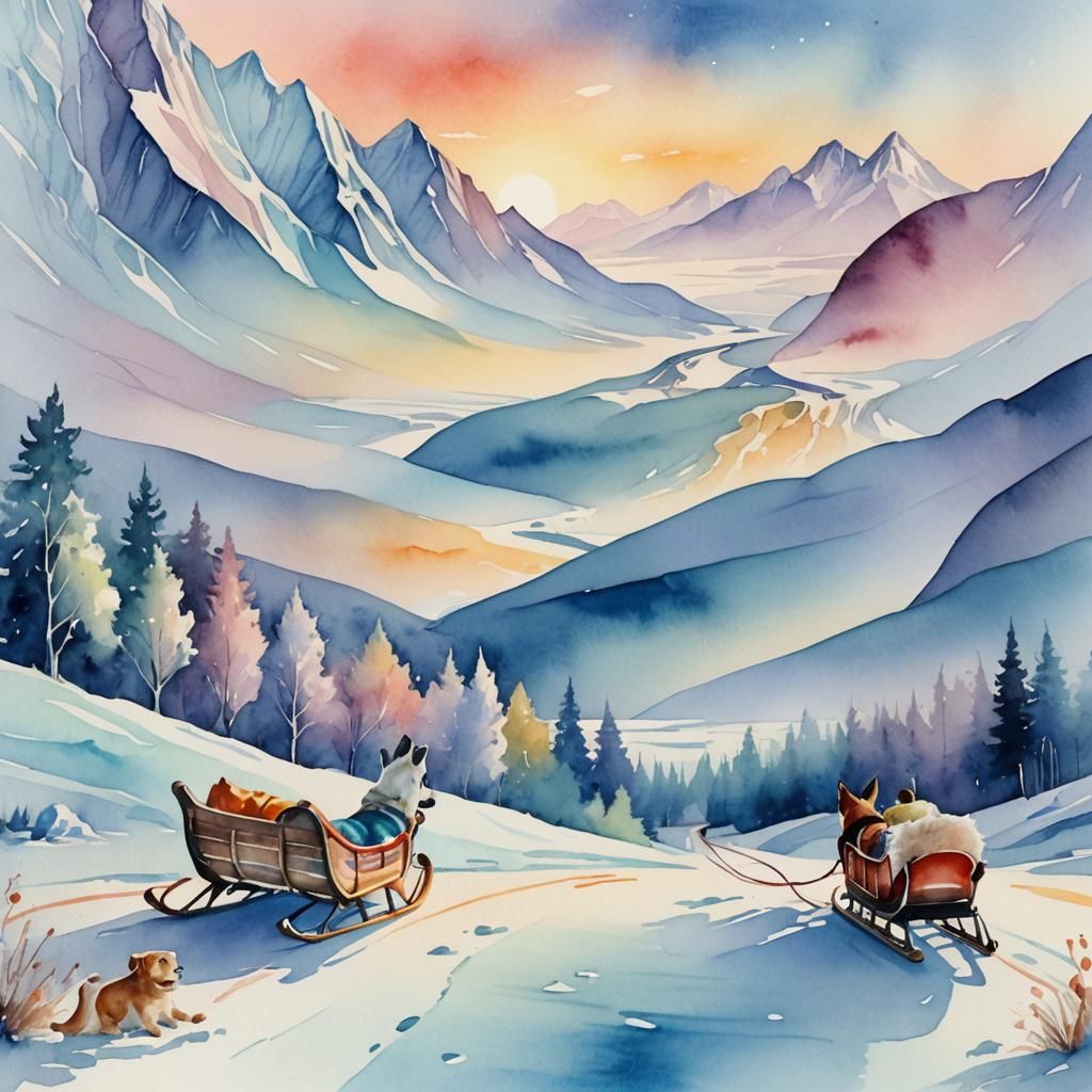Watercolor painting of sleighs left on a serpentine glacier