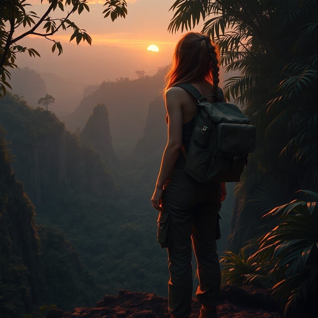 Explorer Overlooking Jungle Canyon at Dusk