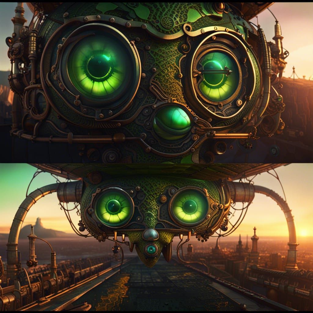 Steampunk Python with Green Eyes at Sunset