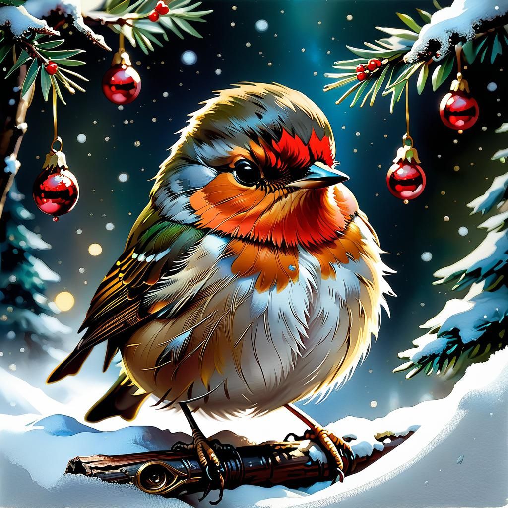Christmas Chibi Robin in Oil Painting Style