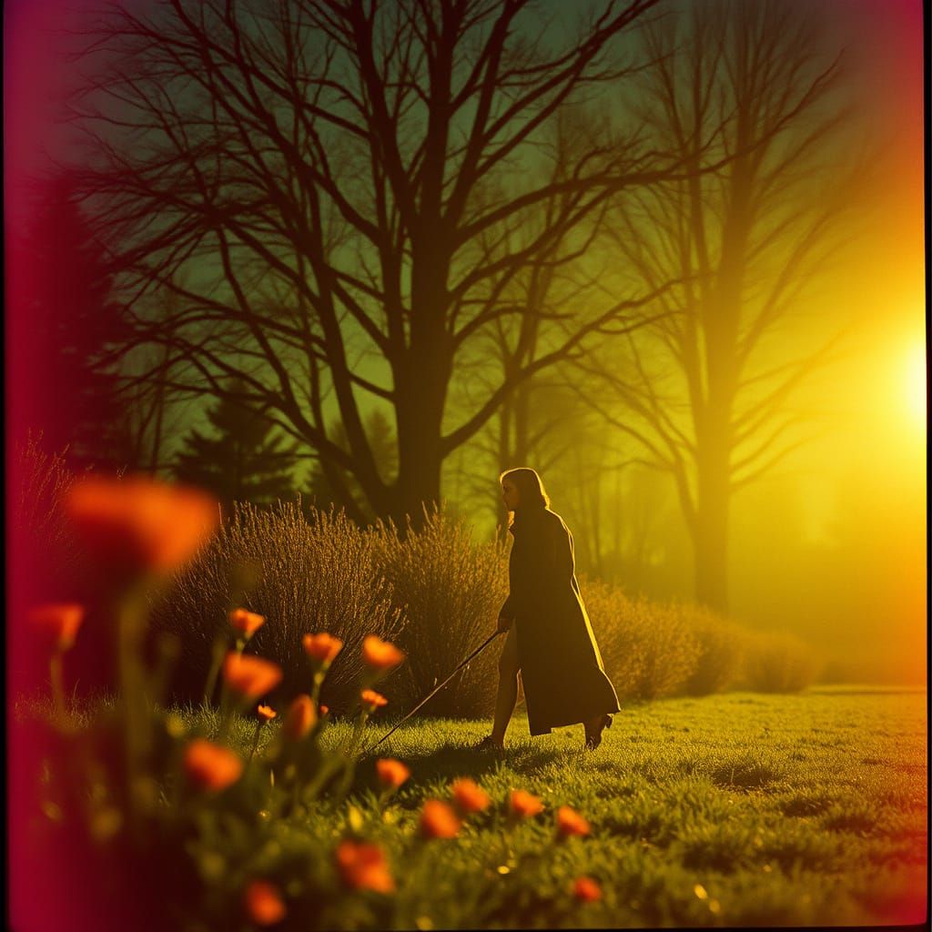 Cinematic Spring Scene with Film Grain Effect