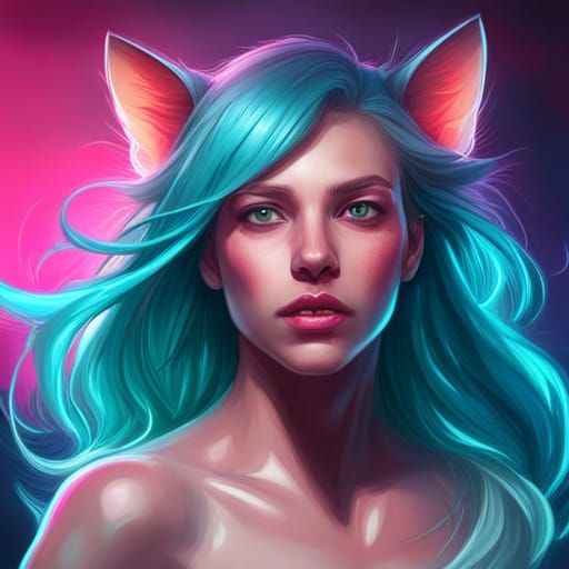 Neon Chibi Cat Portrait in Detailed Concept Art Style