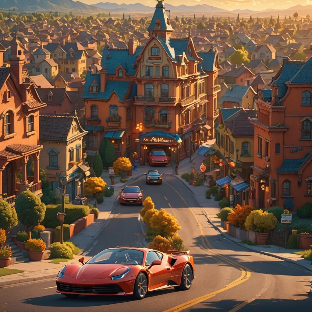 The Simpsons Family Drives a Ferrari in Springfield