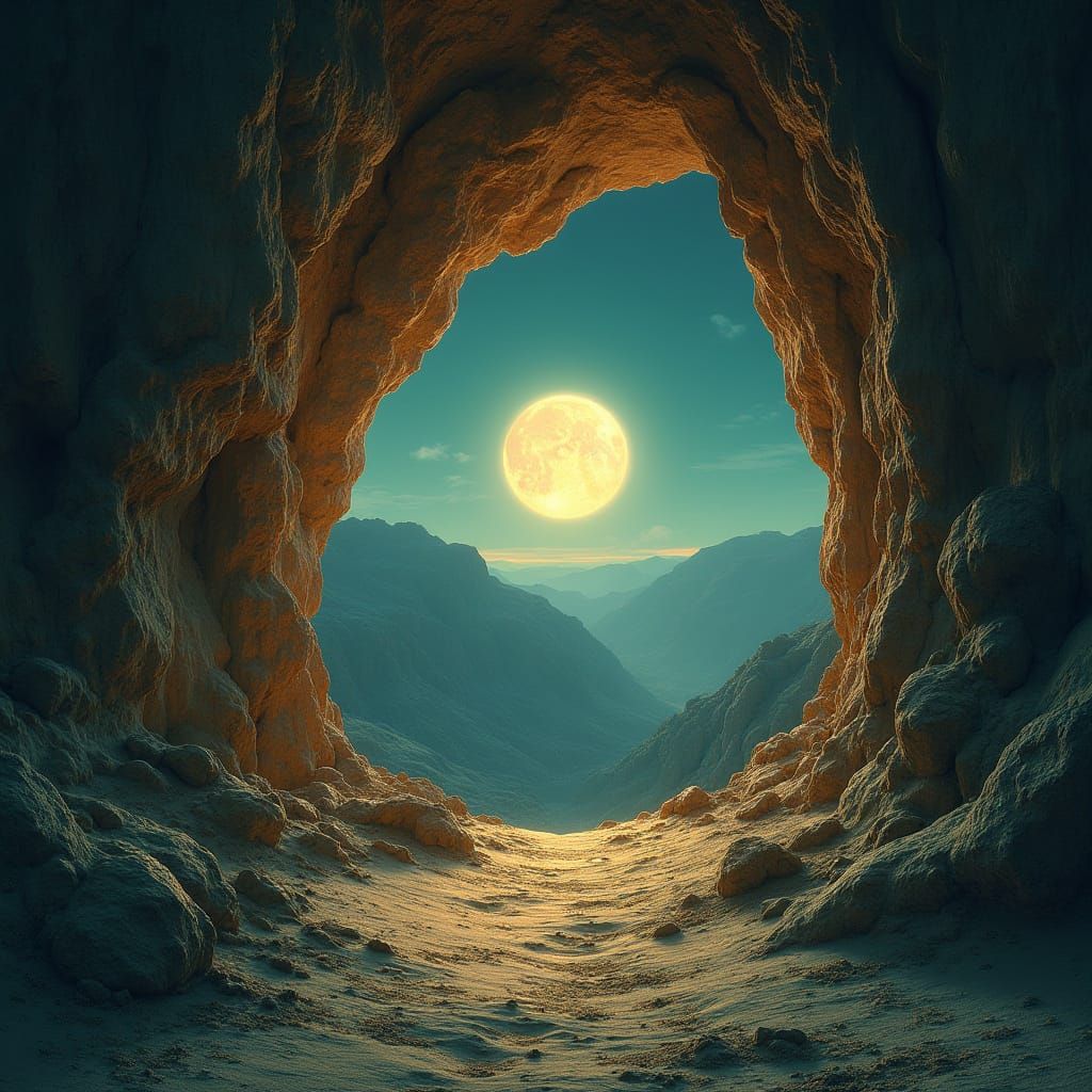 Mystical Moonlit Cave Illuminated by Divine Light