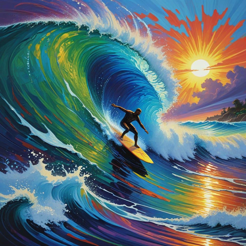 Psychedelic Rave Surfer in Vibrant Impasto Art
