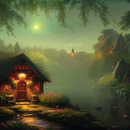 Fairycore Mushroom Cottage Under Starry Night