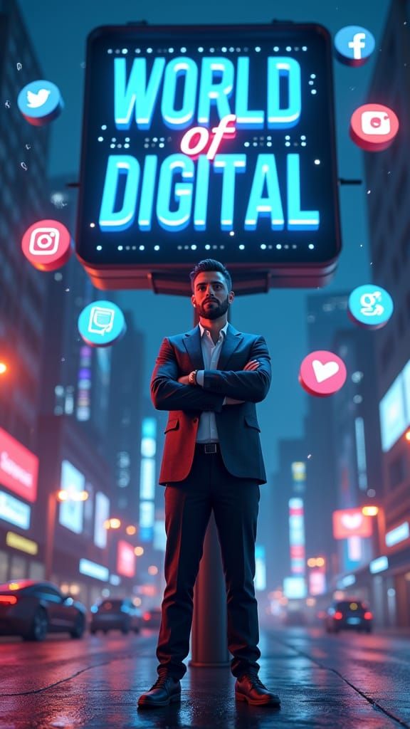 Confident Entrepreneur in Front of Futuristic Digital Billbo...