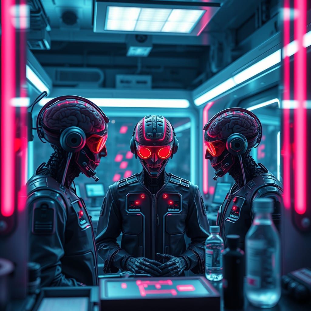 Neon-Infused Brains in a Futuristic Cyberpunk Lab