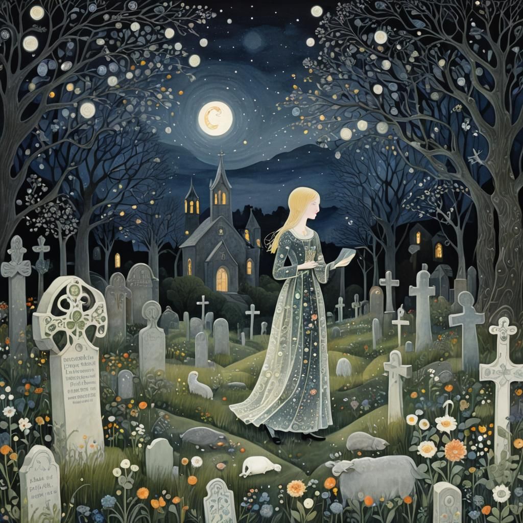 Woman in Graveyard: Millefiori Glass Style Artwork
