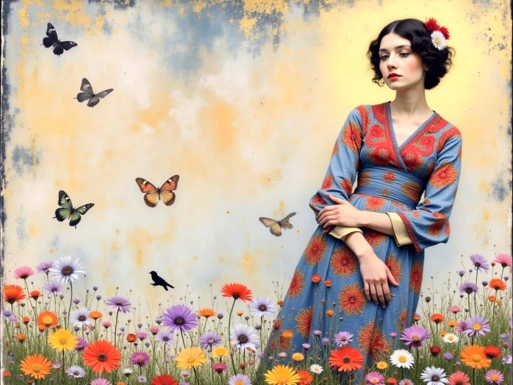 Woman with Floral Background in Klimt Style