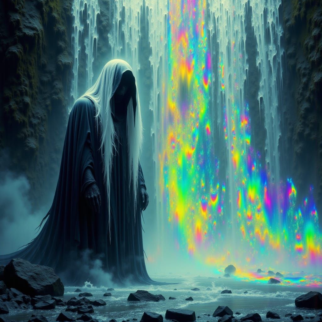 Grim Reaper in Vibrant Waterfall Scene, Psychedelic Colors a...