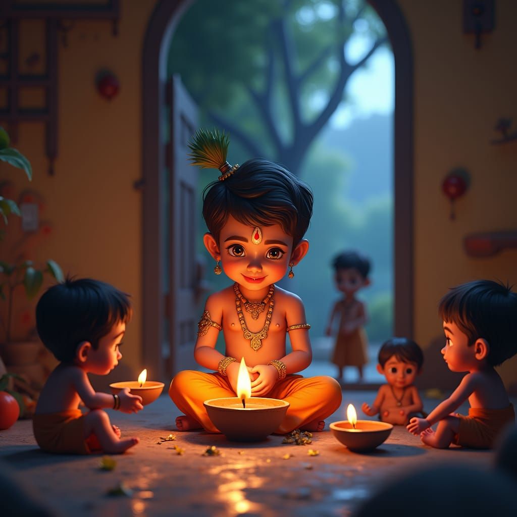 Little Krishna Lights Diya: Detailed Matte Painting
