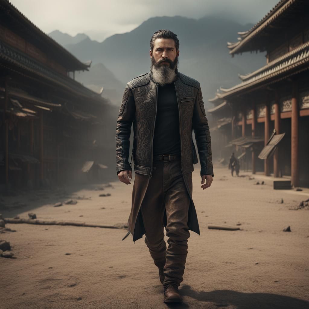 Bearded Man and Models in Leather Jackets