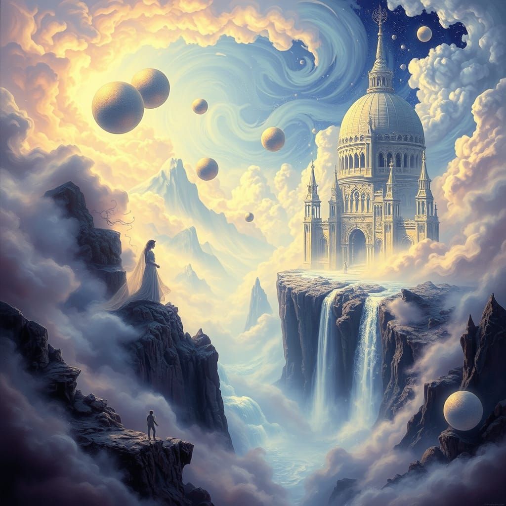 Dreamlike Cosmic Landscape with Iridescent Clouds and Glowin...