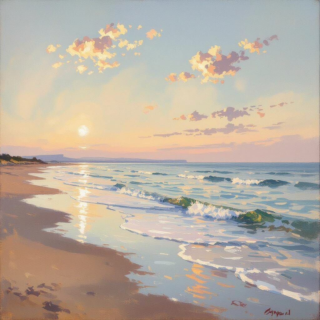 Serene Ocean Tide at Dusk, Impressionistic Oil Painting