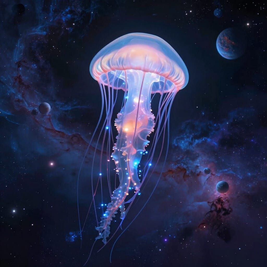 Giant Bioluminescent Jellyfish in Cosmic Nebula
