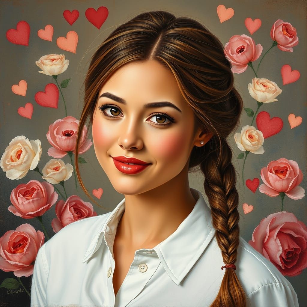 Beautiful Woman with Dutch Braid in Oil Painting