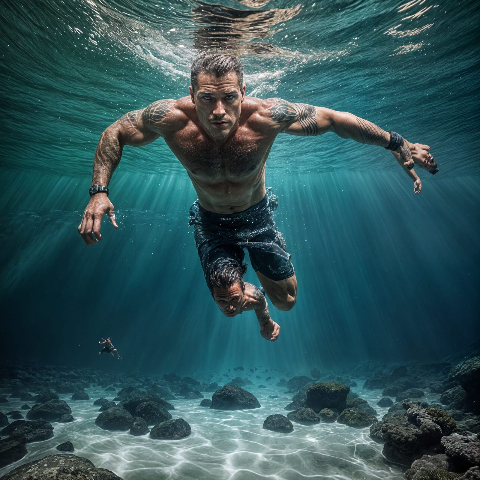 Muscular Man Diving Underwater Cinematic Film Still
