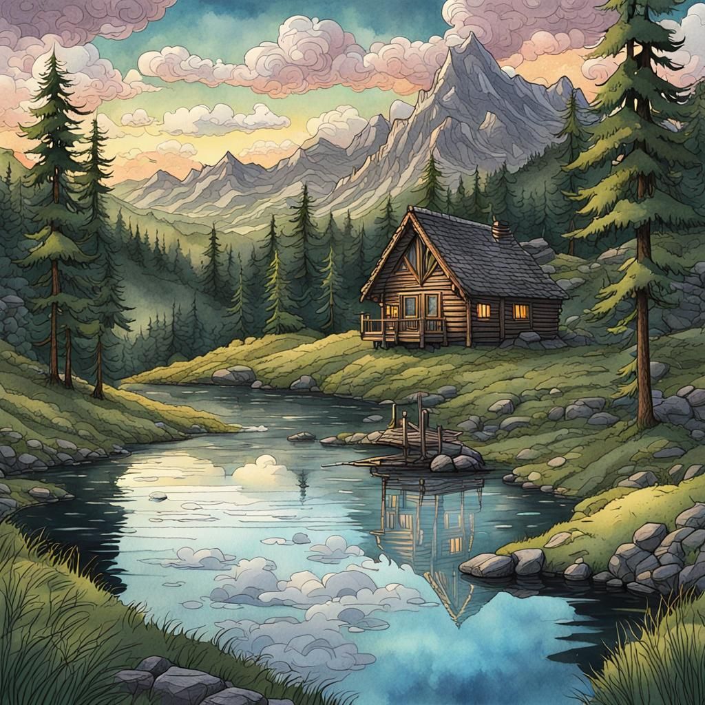 Watercolor Cabin at Dawn in Retro D&D Style